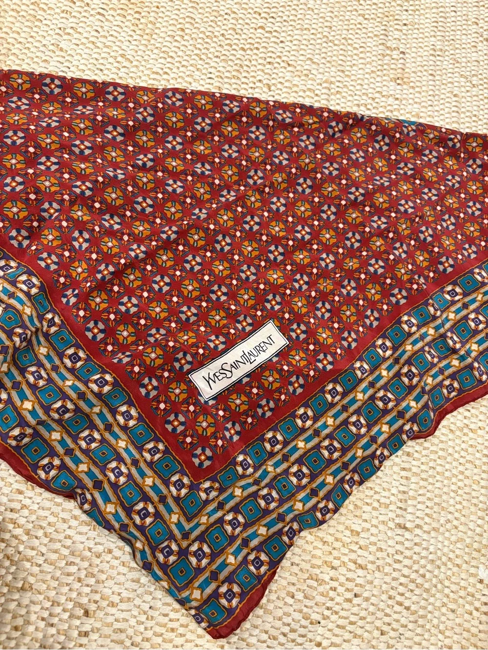 Yves Saint Laurent Red and Blue Geometric Patterned Silk Scarf